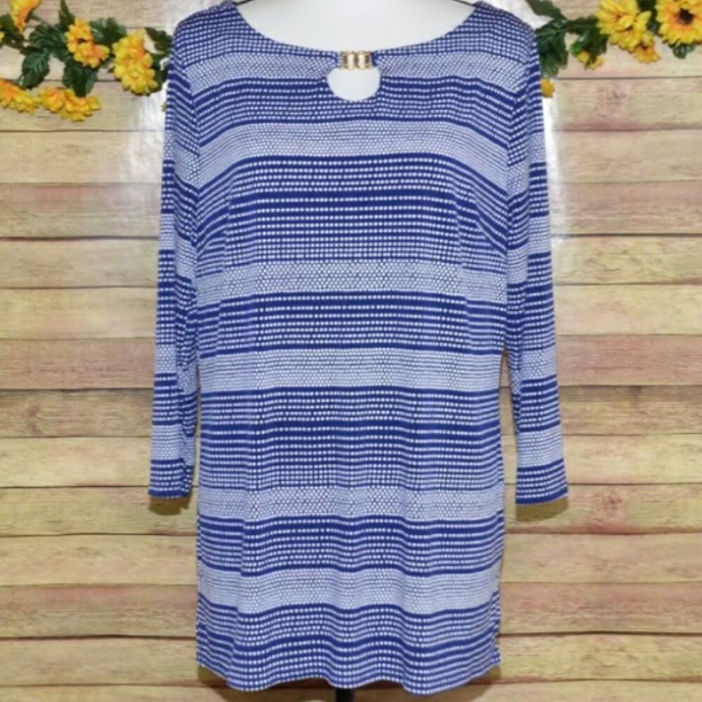 Jaclyn Smith Blouse Top Blue White Polka Dot Size L 3/4 Sleeve Career Casual
